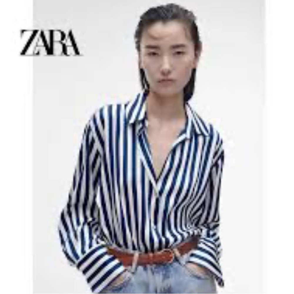 Zara Women’s Navy and White Striped Button Down Shirt